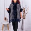 Poncho maxi gros cu gluga si imprimeu pepit-albastru inchis cod 2330-3
