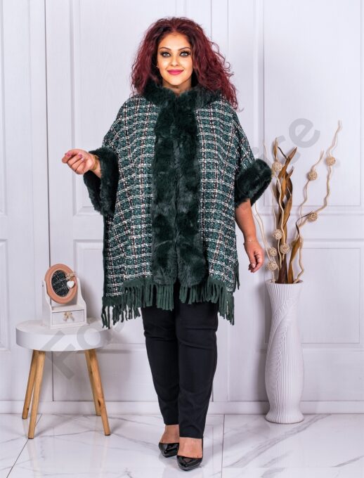 Poncho maxi gros cu gluga si imprimeu pepit-verde masliniu cod 2330-1