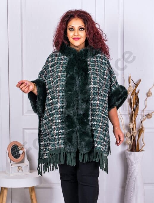 Poncho maxi gros cu gluga si imprimeu pepit-verde masliniu cod 2330-1