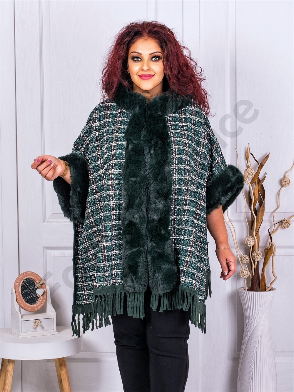 Poncho maxi gros cu gluga si imprimeu pepit-verde masliniu cod 2330-1