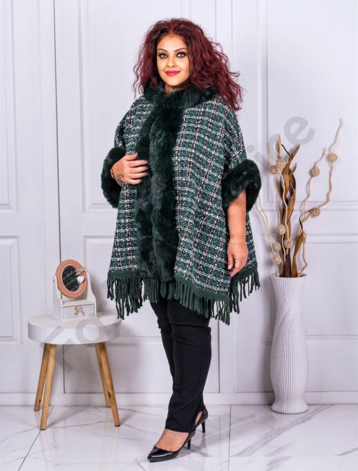 Poncho maxi gros cu gluga si imprimeu pepit-verde masliniu cod 2330-1