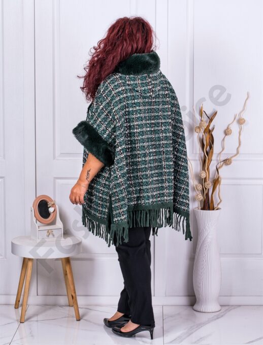Poncho maxi gros cu gluga si imprimeu pepit-verde masliniu cod 2330-1