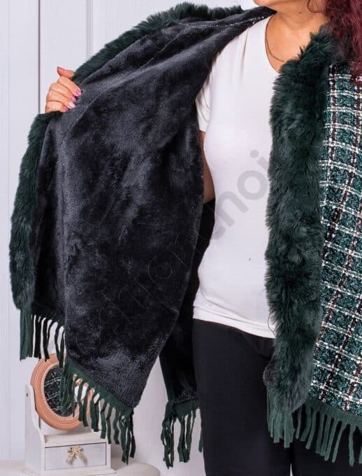 Poncho maxi gros cu gluga si imprimeu pepit-verde masliniu cod 2330-1