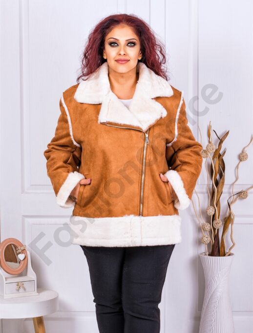 Geaca maxi din nubuc eco cu blana eco-camel cod 0118-2