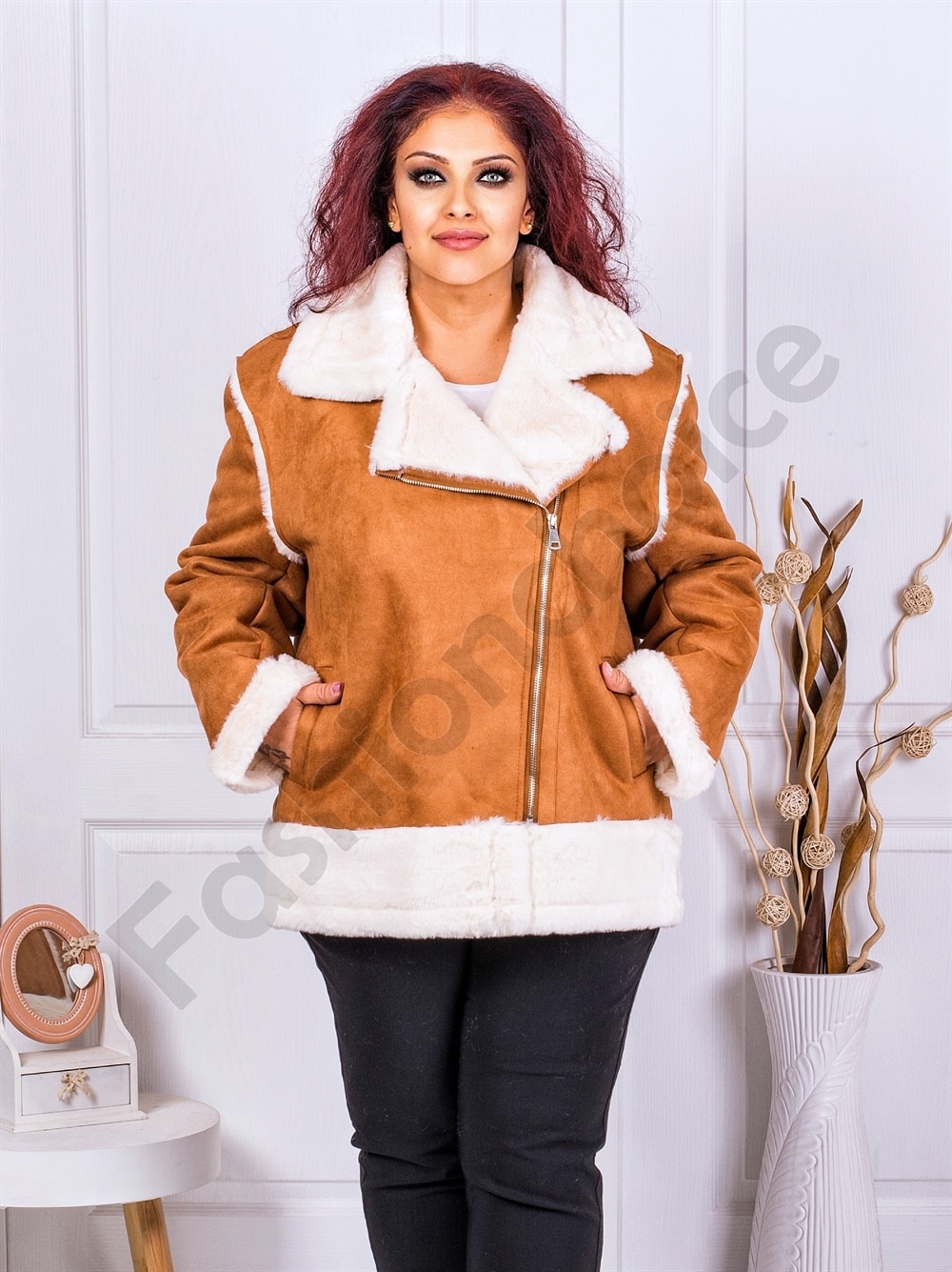 Geaca maxi din nubuc eco cu blana eco-camel cod 0118-2