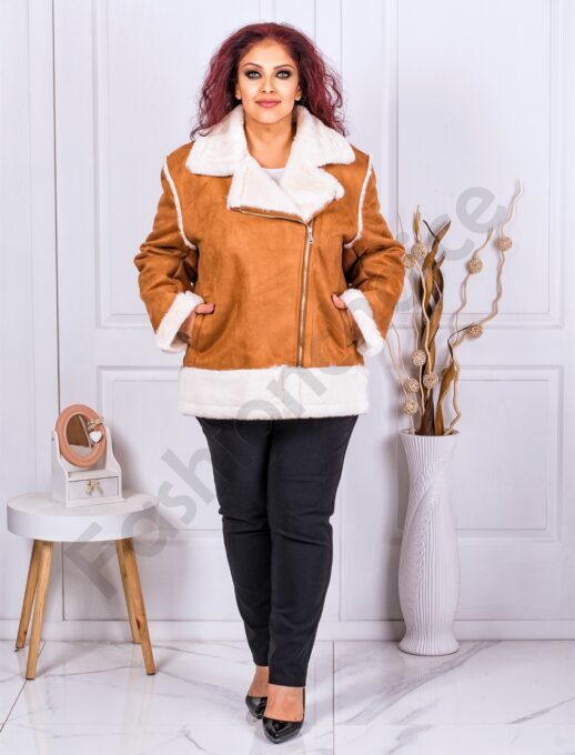 Geaca maxi din nubuc eco cu blana eco-camel cod 0118-2