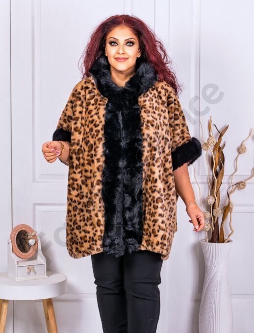 Poncho maxi elegant cu blana eco si print animal cod 26061