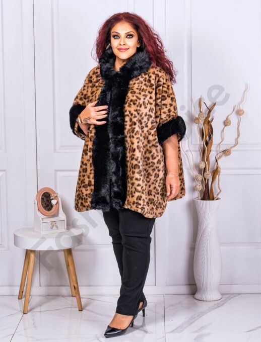 Poncho maxi elegant cu blana eco si print animal cod 26061
