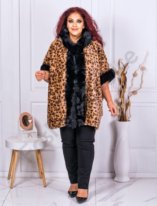 Poncho maxi elegant cu blana eco si print animal cod 26061