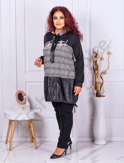 Tunica maxi sport-elegant in carouri si gluga cod 1392
