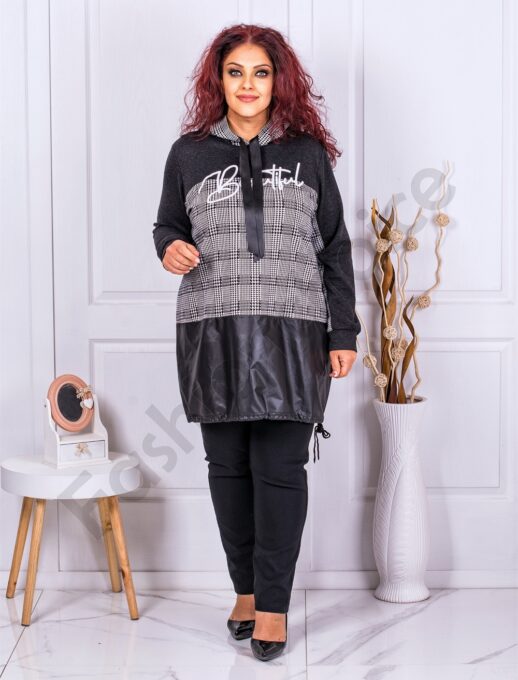 Tunica maxi sport-elegant in carouri si gluga cod 1392