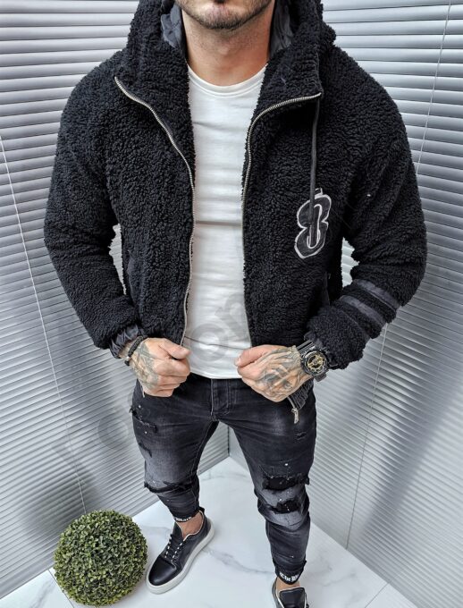Geaca groasa din caracul cu detalii denim-negru cod 90200