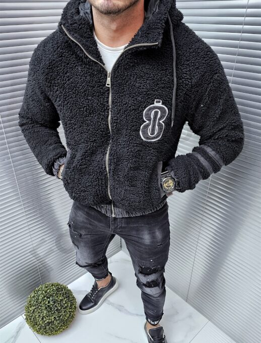 Geaca groasa din caracul cu detalii denim-negru cod 90200
