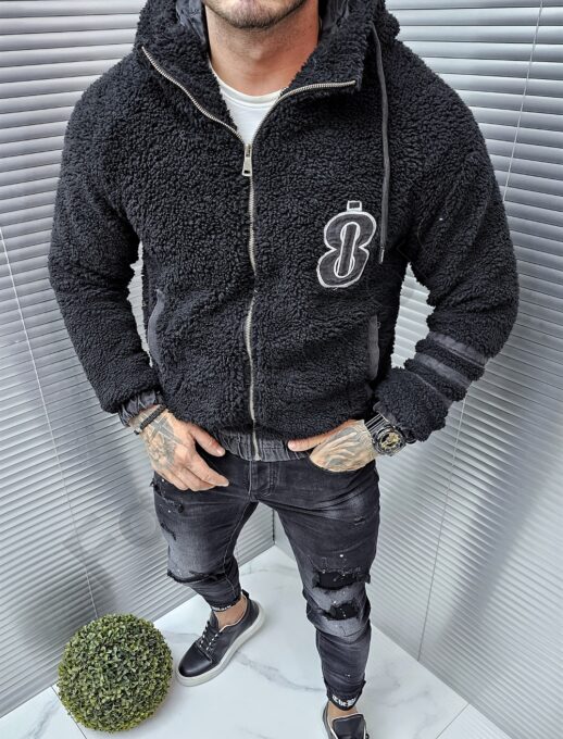 Geaca groasa din caracul cu detalii denim-negru cod 90200