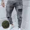 Blugi barbati Skinny Fit cu patch-uri si efect rupt-gri cod 17427
