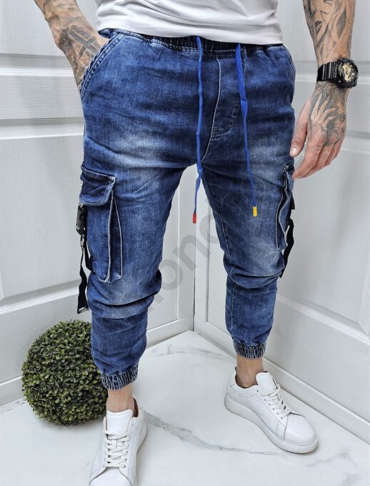 Blugi jogger cu buzunare cargo si catarame-albastru cod 913