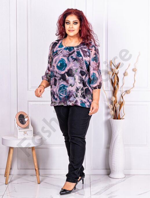 Bluza maxi din sifon cu imprimeu floral-petrol cod 21001