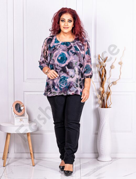 Bluza maxi din sifon cu imprimeu floral-petrol cod 21001