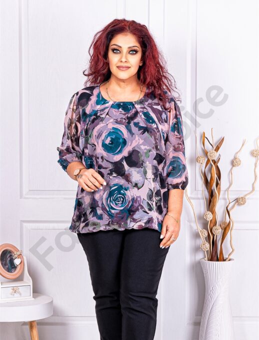 Bluza maxi din sifon cu imprimeu floral-petrol cod 21001