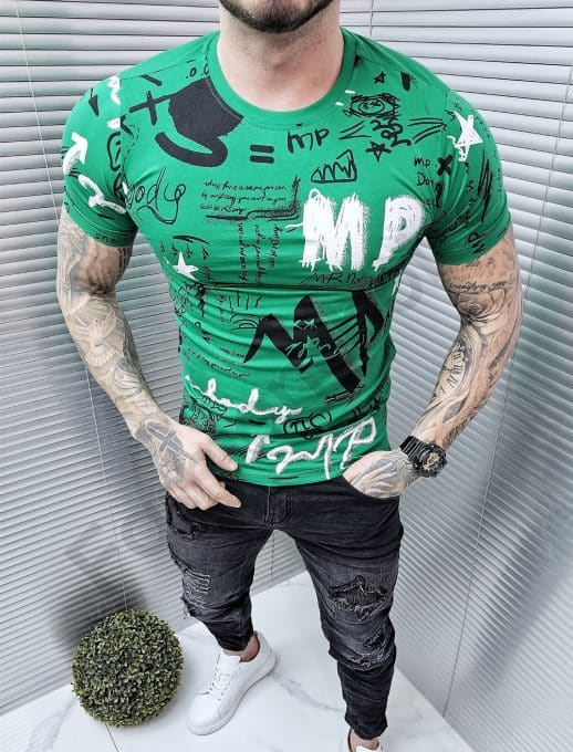 Tricou pentru barbati cu inscriptii multicolor-verde cod 6231-2