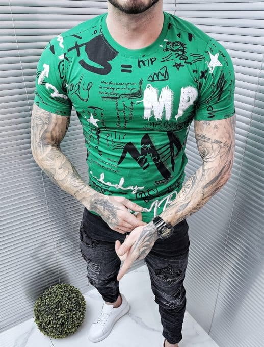 Tricou pentru barbati cu inscriptii multicolor-verde cod 6231-2