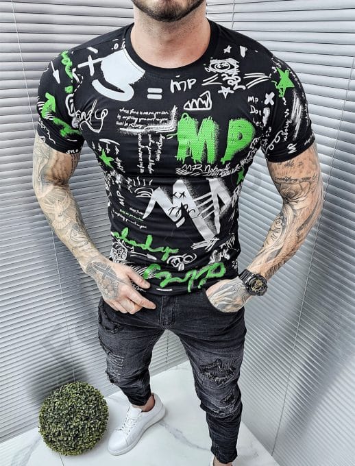 Tricou pentru barbati cu inscriptii multicolor-negru cod 6231