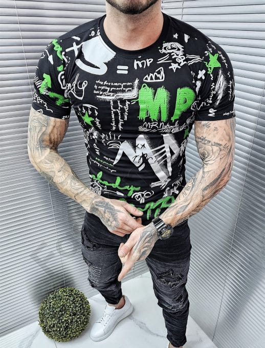 Tricou pentru barbati cu inscriptii multicolor-negru cod 6231