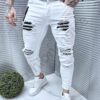 Blugi barbati cu patch-uri negri si fermoar decorativ-alb cod 8067