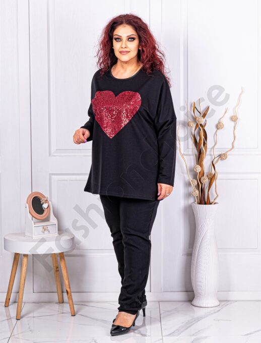 Tunica maxi cu aplicatie inima si paiete-negru/bordo cod 1229