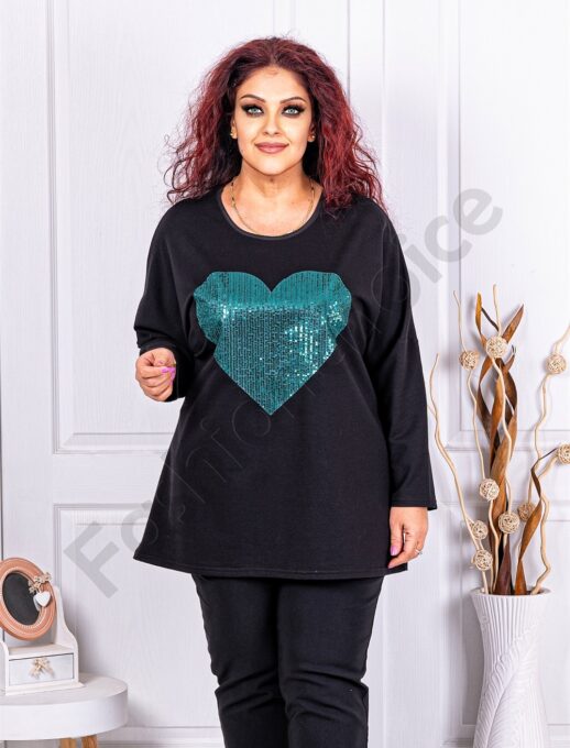 Tunica maxi cu aplicatie inima si paiete-negru/verde cod 1229-1