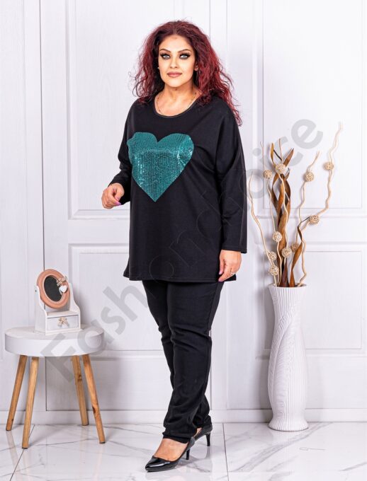 Tunica maxi cu aplicatie inima si paiete-negru/verde cod 1229-1