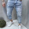 Blugi barbati Skinny Fit cu patch-uri si efect rupt-albastru deschis cod 17623