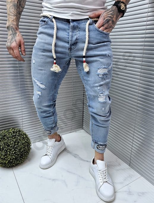 Blugi barbati cu efect rupt-albastru deschis cod 4814