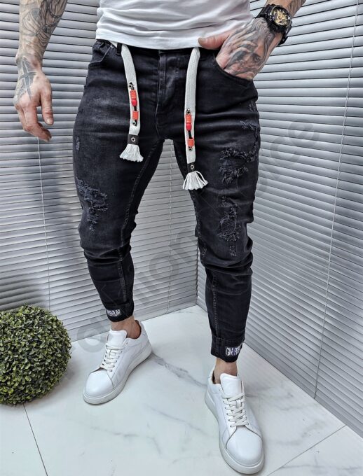 Blugi barbati cu efect rupt-negru cod 4813