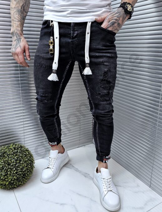 Blugi barbati cu patch-uri si efect rupt-negru cod 4739
