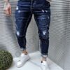 Blugi barbati cu efect rupt si stropi albi-albastru inchis cod 4808