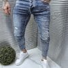 Blugi barbati cu patch-uri si efect rupt-albastru cod 7106