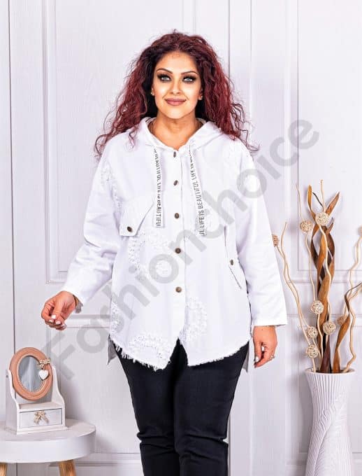 Jacheta maxi in combinatie cu denim si gluga-alb cod 10305-2
