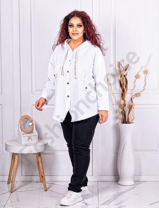 Jacheta maxi in combinatie cu denim si gluga-alb cod 10305-2