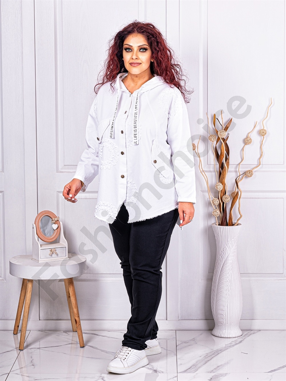 Jacheta maxi in combinatie cu denim si gluga-alb cod 10305-2