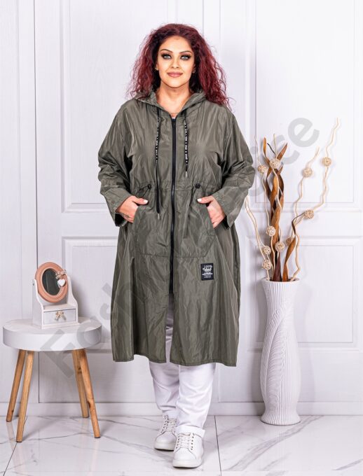Trenci lung din fas pentru maxi dame cu gluga-kaki cod 9829-1