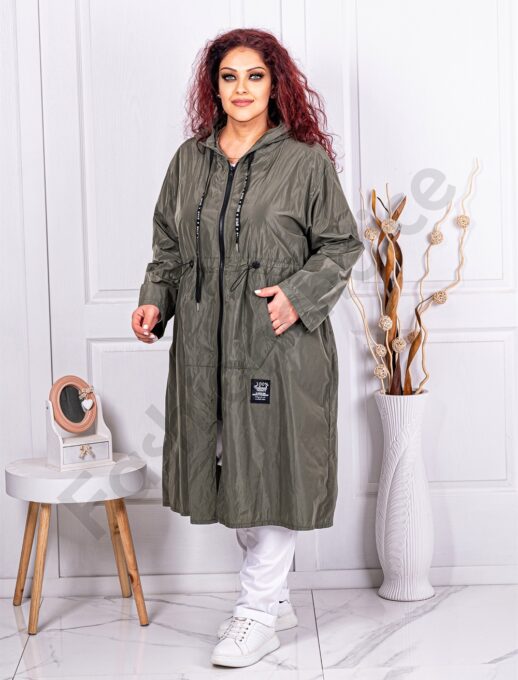Trenci lung din fas pentru maxi dame cu gluga-kaki cod 9829-1