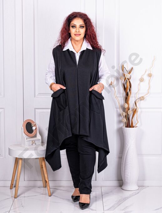 Vesta asimetrica lunga pentru maxi dame cu buzunare-negru cod 2982