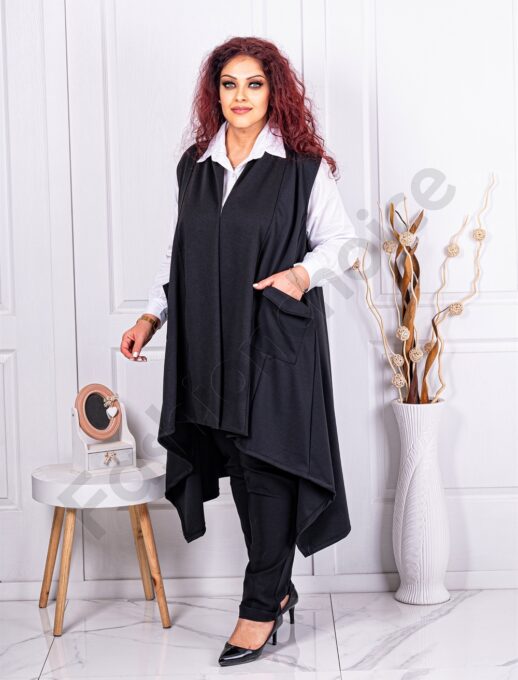 Vesta asimetrica lunga pentru maxi dame cu buzunare-negru cod 2982