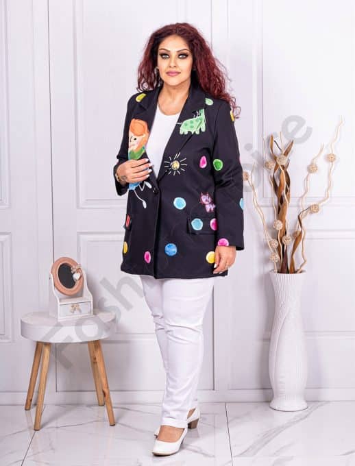 Sacou maxi cu imprimeu buline multicolor-negru cod 978