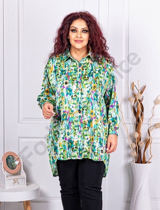 Camasa maxi din satin cu imprimeu multicolor-verde cod 2801-2