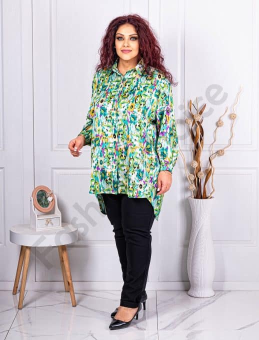 Camasa maxi din satin cu imprimeu multicolor-verde cod 2801-2