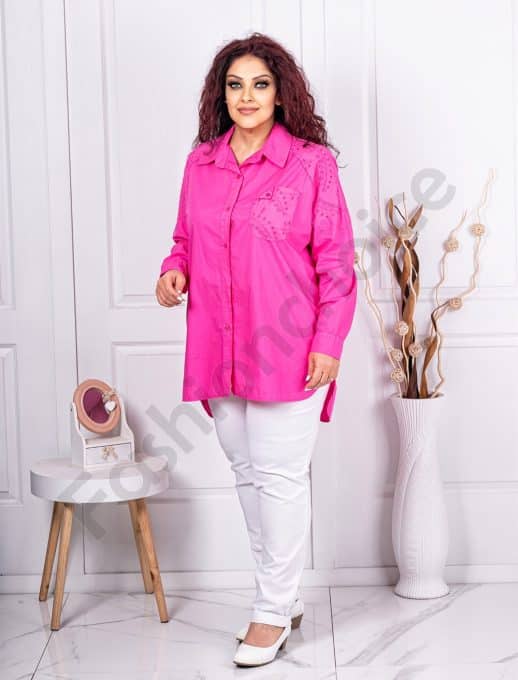 Camasa maxi din bumbac cu broderie-fucsia cod 10331-4
