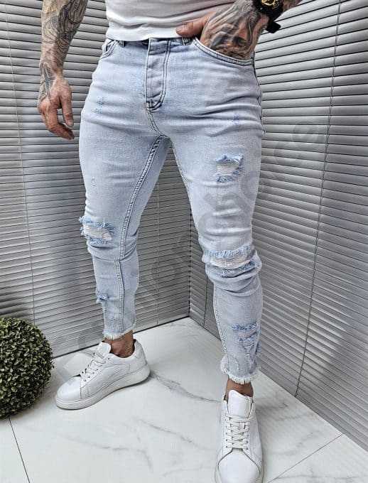 Blugi barbati cu patch-uri si efect rupt-albastru deschis cod 17800
