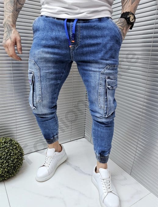 Blugi jogger cu buzunare cargo si efect usor prespalat-albastru cod 7307